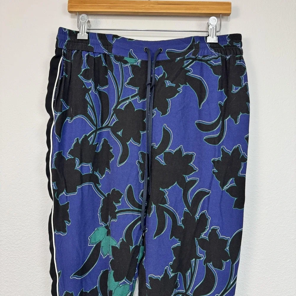 Parker‎ Pants Women's 10 Blue Floral Track Elastic Waist Drawstring Tapered